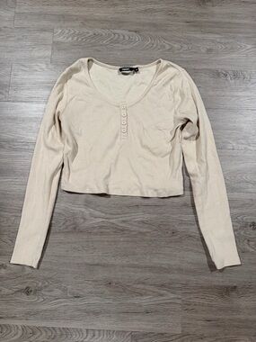 Noun Cropped Ribbed Henley Long Sleeve Top - Cream